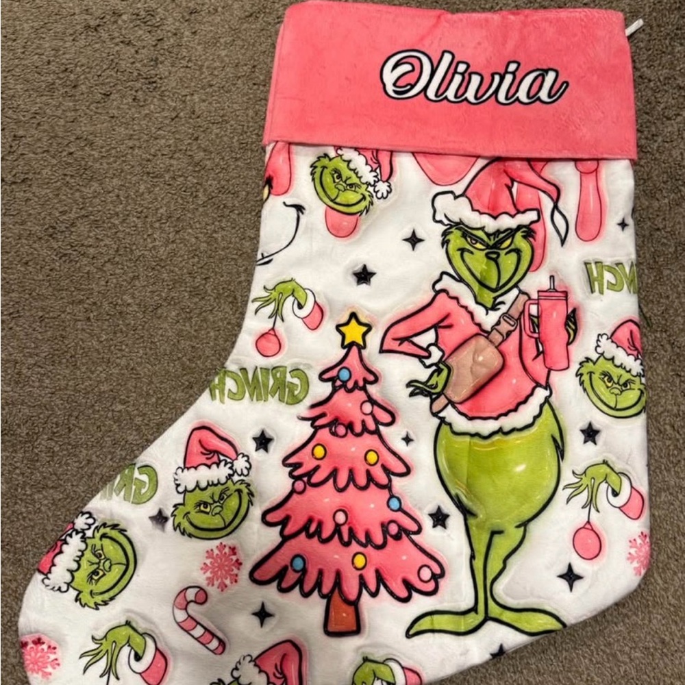 Grinch Christmas Stocking with Pink Trim